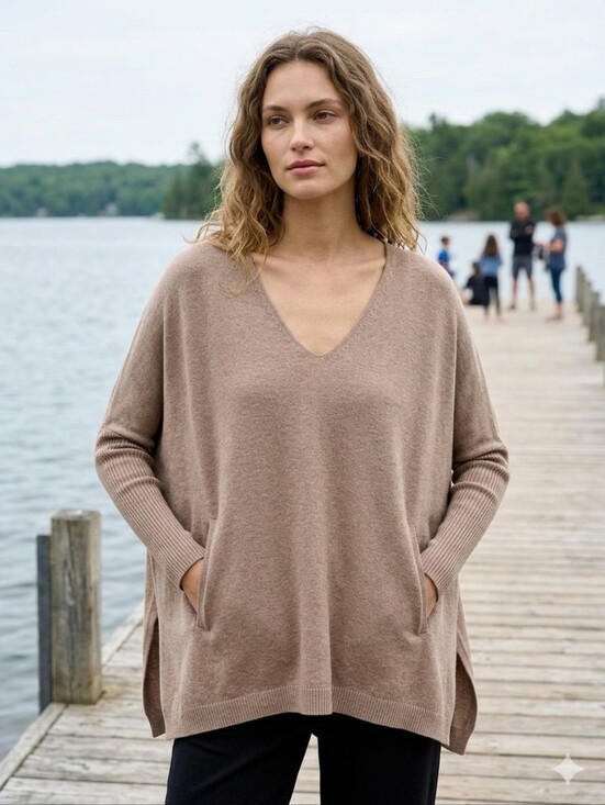 Aritzia Sweaters - Babaton Aritzia Women's Neutral Brown Oversized V-Neck Knit Sweater Size XS